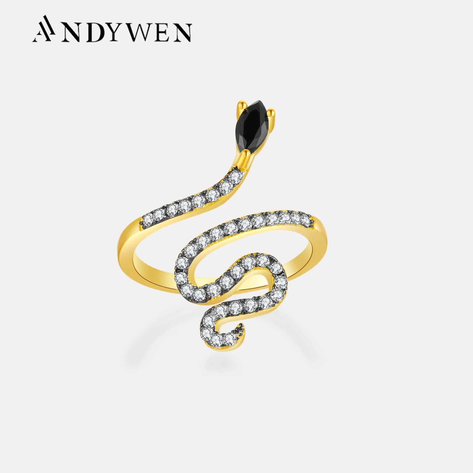 

ANDYWEN 100% 925 Sterling Silver Gold Zircon CZ Snake Resizable RIngs Women Fine Jewelry 2022 New Crystal Adjustable Jewels