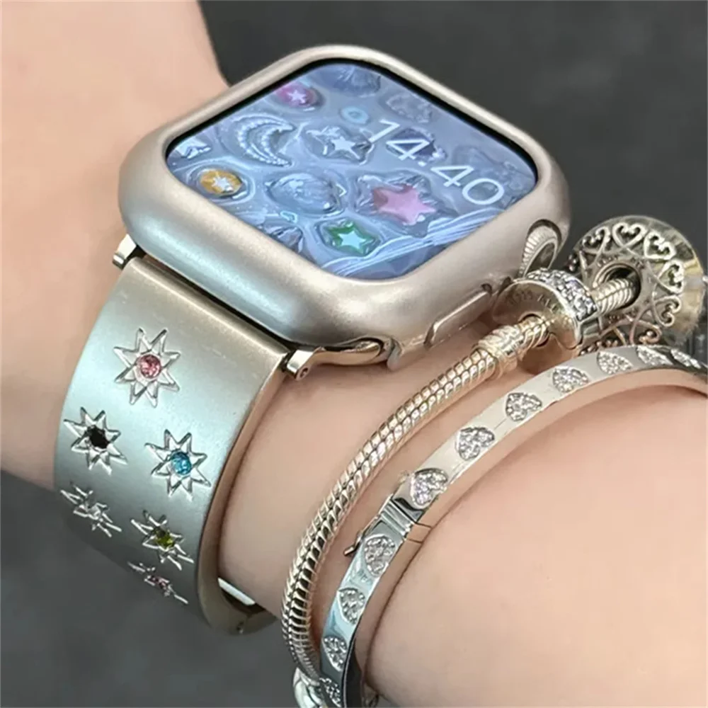 Luxury Colorful Diamonds Band For Apple Watch 9 8 7 6 5 4 3 2 SE Ultra Metal Buckle Bracelet For iWatch 41mm 49 45 42 40 38mm