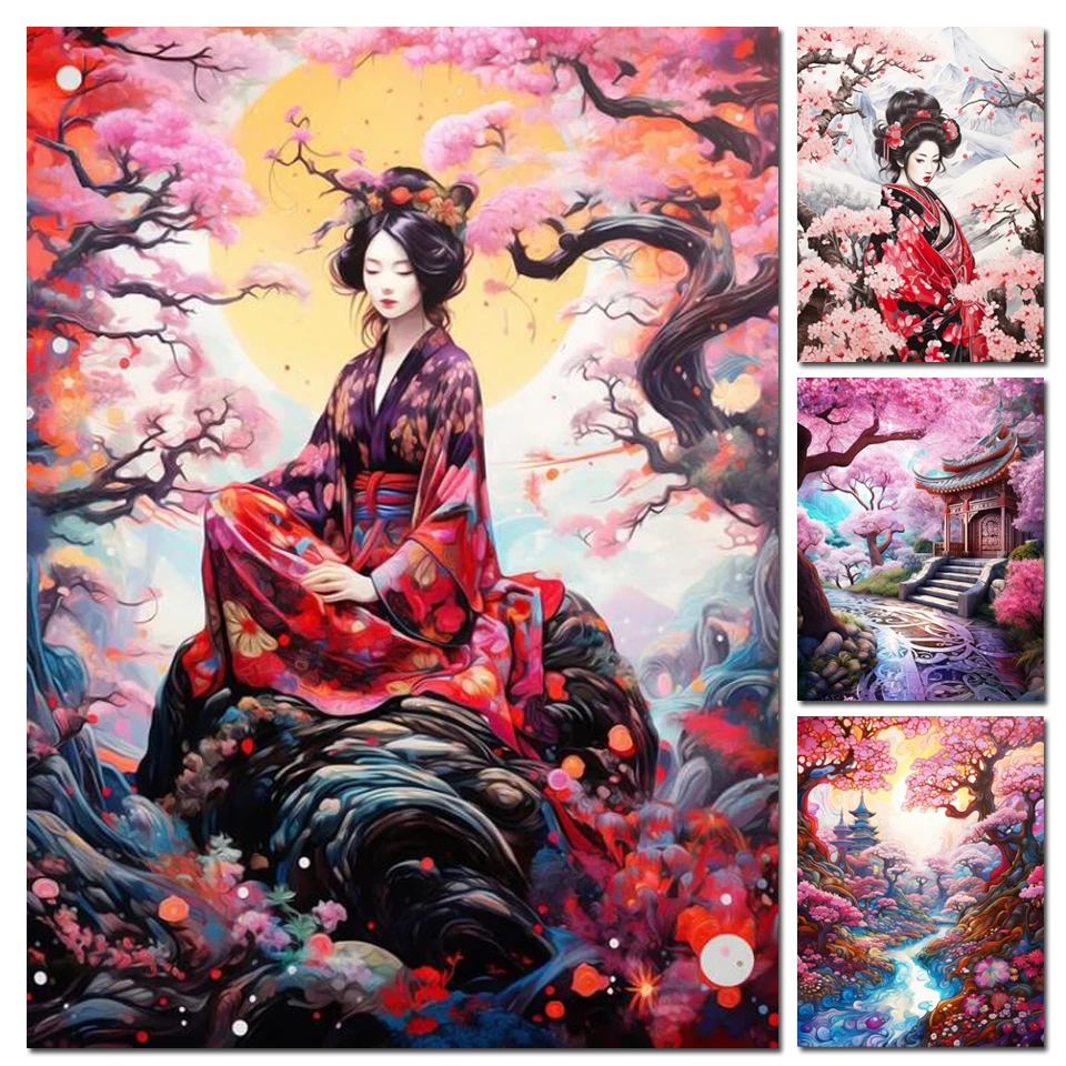 Japanese Cherry Blossom 5D DIY Diamond Painting Geisha New 2024 Cross Stitch Kits Mosaic Diamond Embroidery Psychedelic art