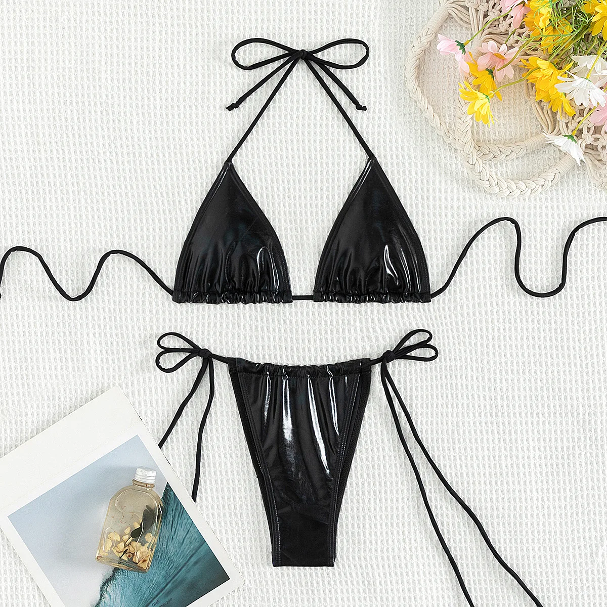 

New black leather triangle sexy bikini swimsuit for women