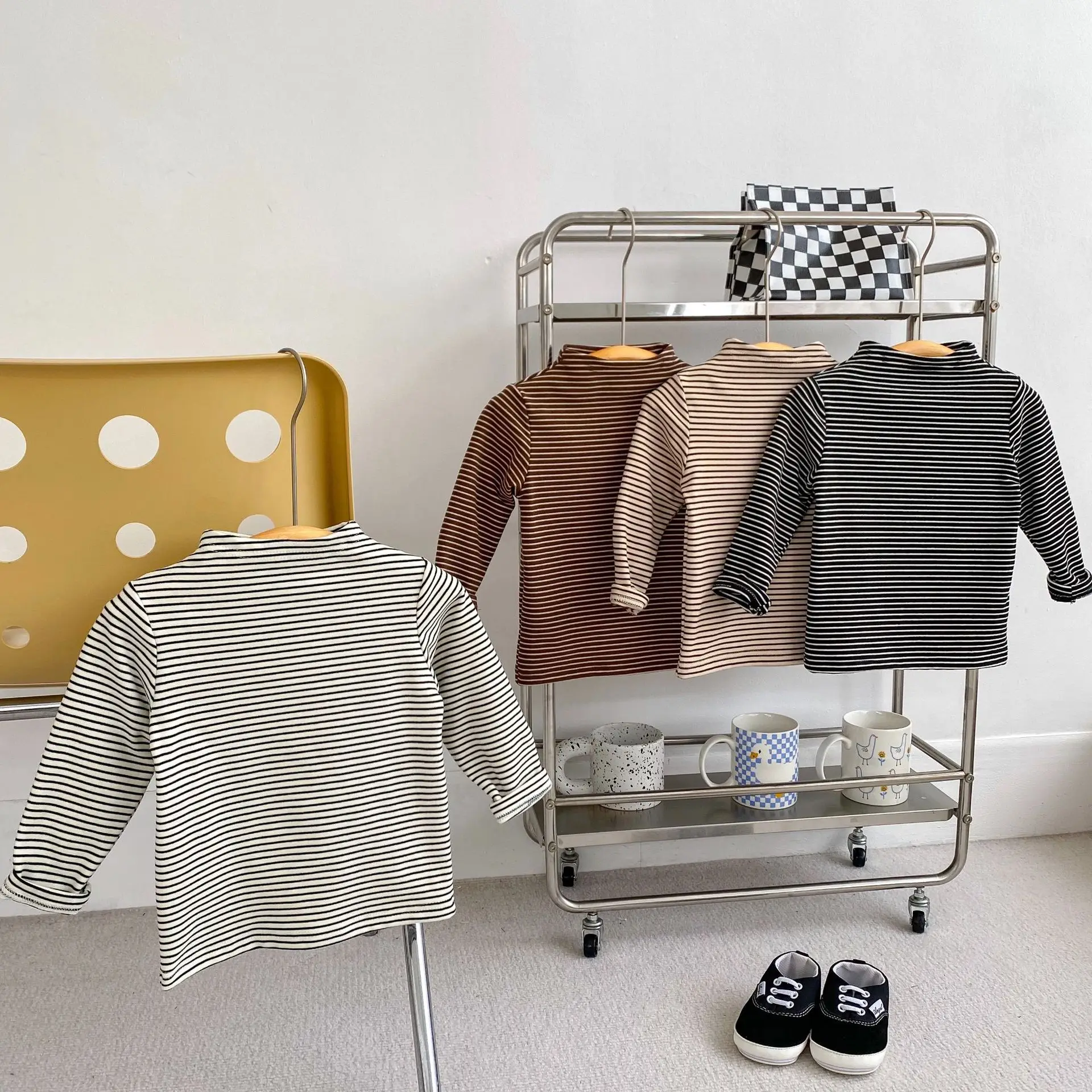 Spring and Autumn New Infant Versatile Striped Bottom Shirt Elastic Semi-turtleneck Inner Top Baby Long Sleeve T-Shirt