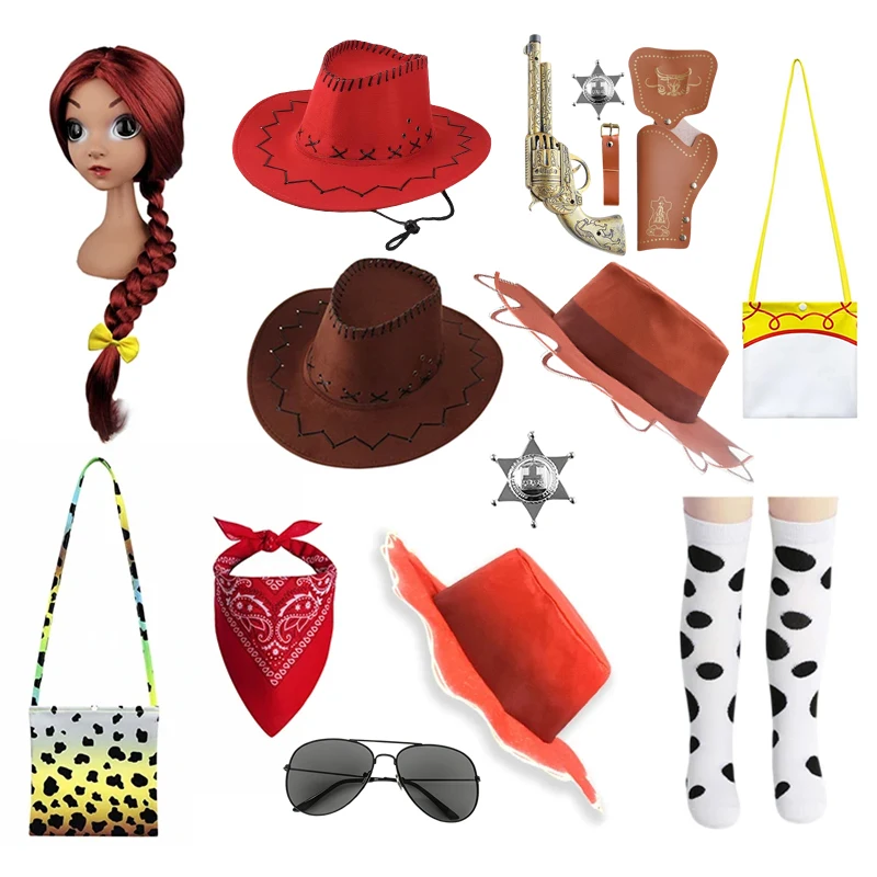 Halloween Cowgirl Costume Accessories Kids Red Braided Wig Cowboy Hat Bandana Toy Gun Cosplay Decorations