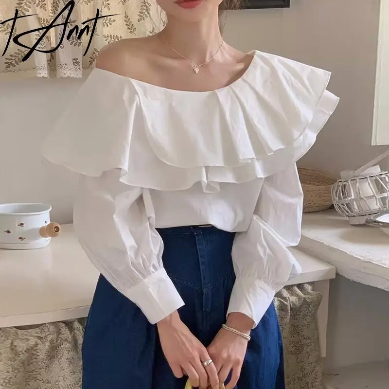 Tannt Women Shirt Ruffles Patchwork Slash Neck Cotton White Blouse Tops Long Sleeves Asymmetry Fashion Shirt Blouse Women 2024