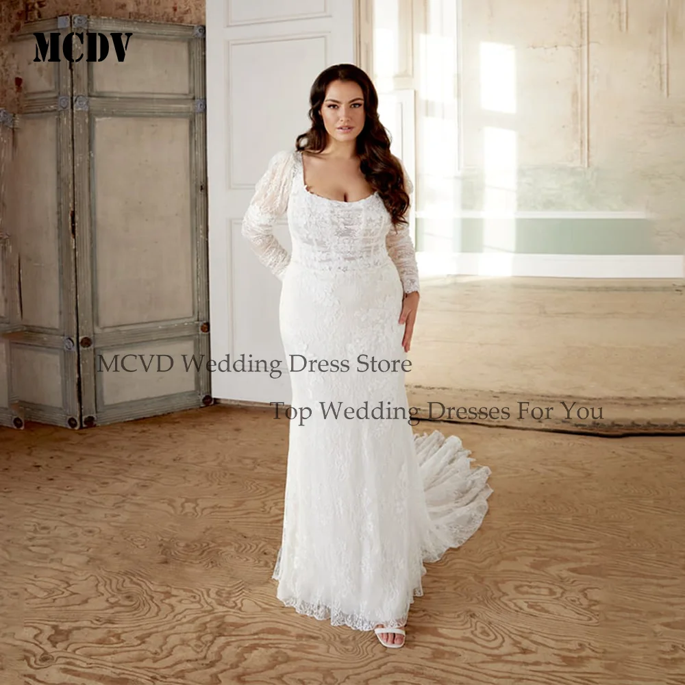 

Lace Mermaid Wedding Dresses For Plus Size Women Backless Full Sleeve Applique Elegant vestido de noiva Customized Sweep Train