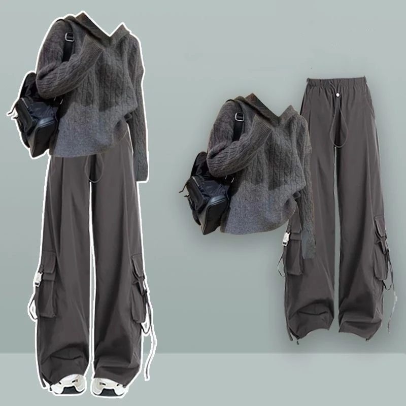 

Women's Autumn Winter Casual Hooded Sweater Cargo Pants 1 or Two Piece Suits Lady Gray Knit Pullover Tops Trousers Outfits