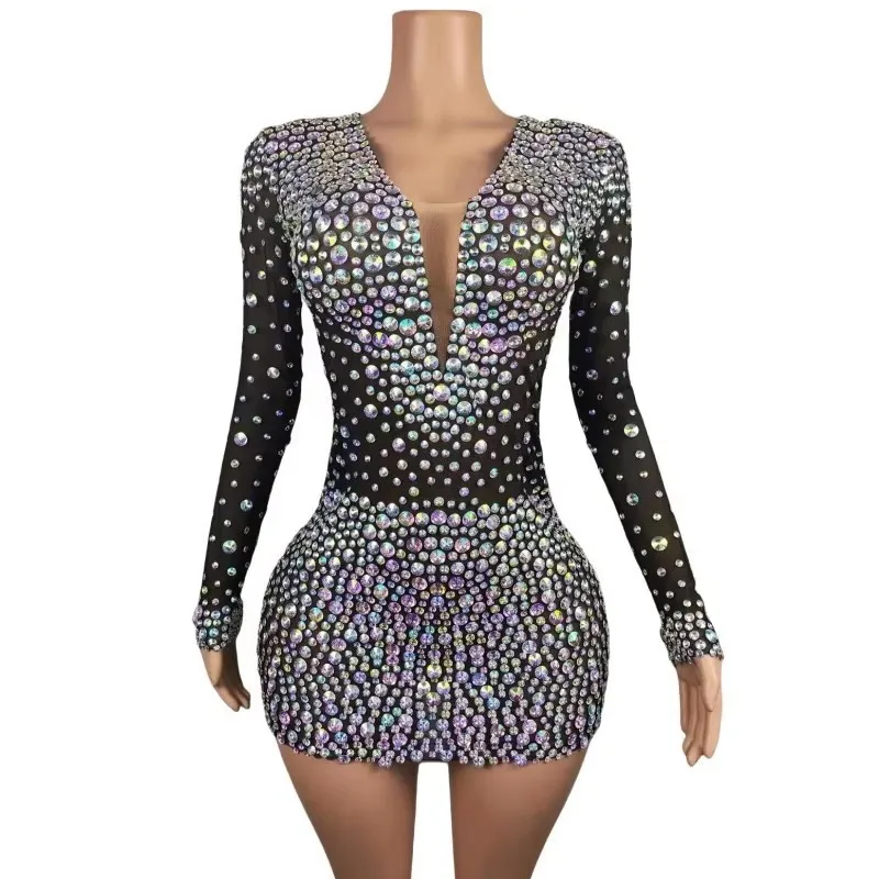 섹시한 짧은 드레스 SRhinestones tage 반짝 이는 럭셔리 V 넥 투명 졸업 칵테일 파티 생일 가운 나이트 클럽 의상