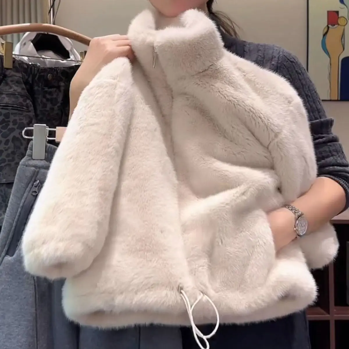 1pc Kids Faux Fur Warm Jacket Girls Babys Stand Collar Long Sleeves Coat Teenagers Fashion Soft Comfortable Thicken Thermal Tops