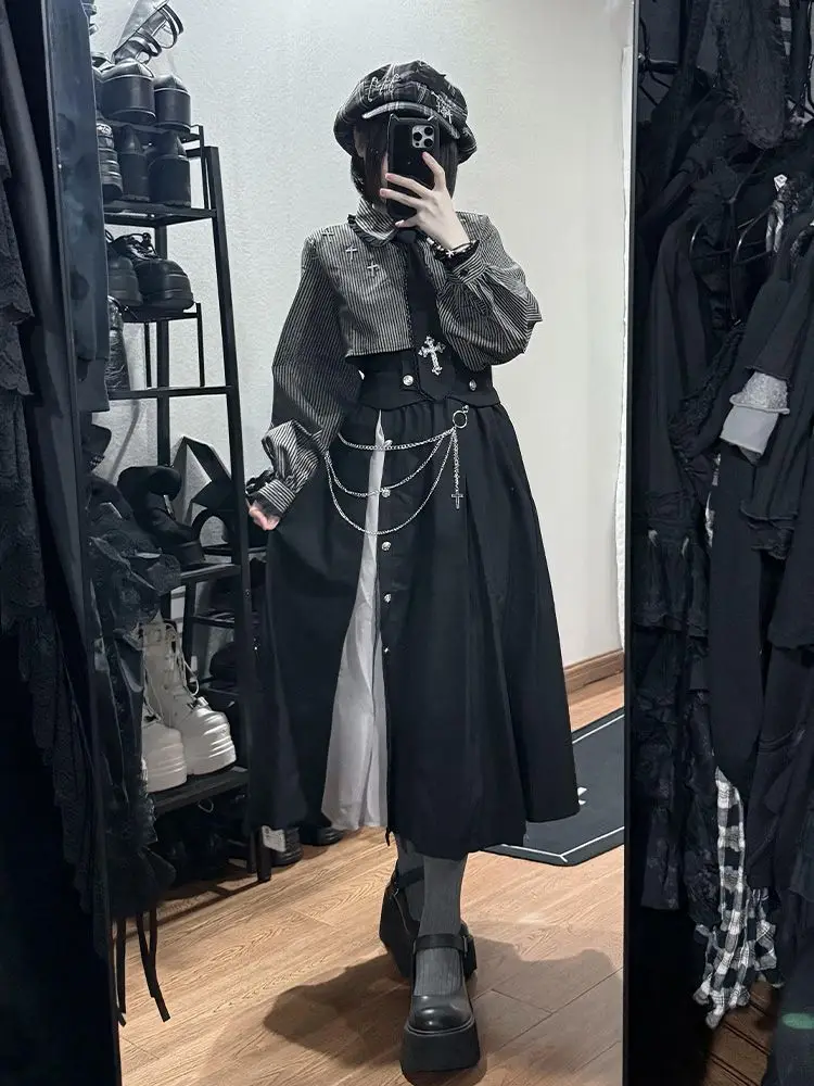 New Subculture Gothic Vintage 2 Piece Set Women Retro Y2k Long Sleeve Tops Blouse + High Waist Retro Skirt Harajuku Chic Outfits image 4