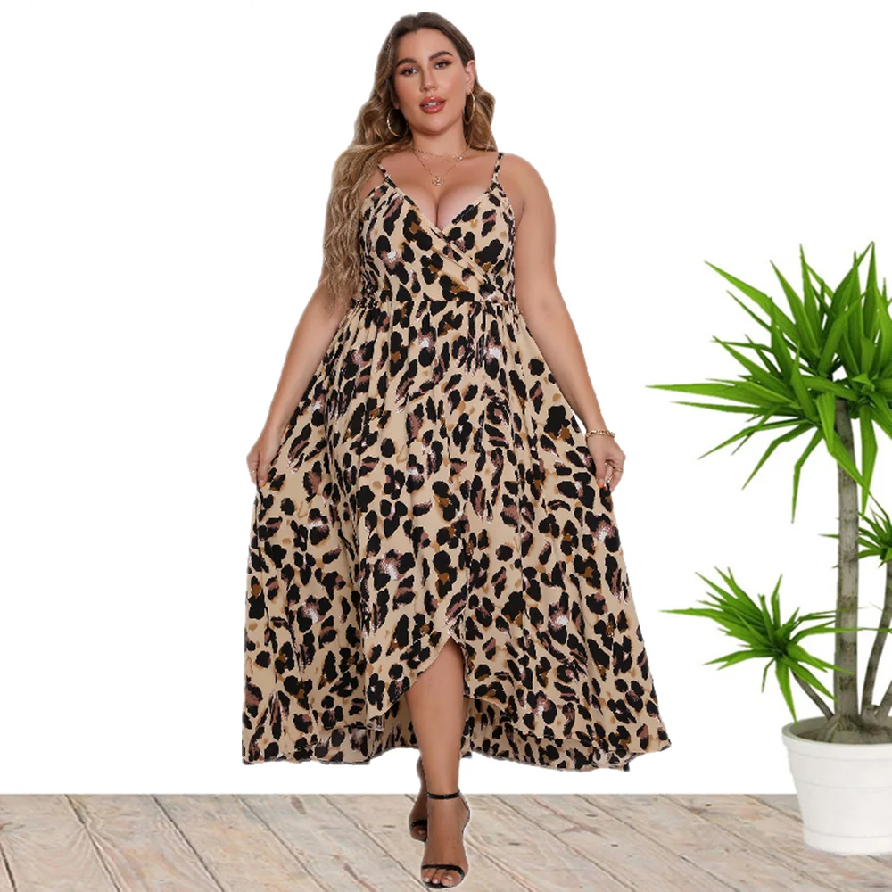 Plus Size Leopard Print Irregular Hem Cami Maxi Dress, Women's Plus V Neck Dress, Plus Size Women Clothing