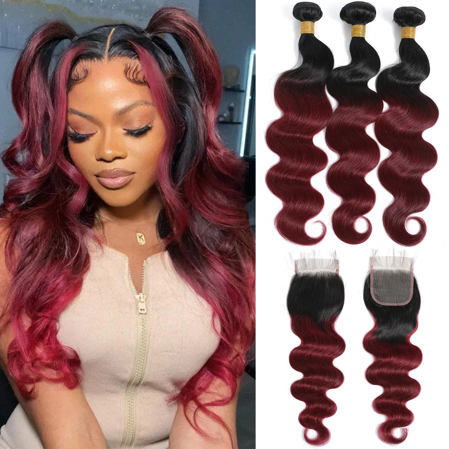 

Наборы натуральных волос Body Wave с заколкой-застежкой 4x4, окрашенные в цвете 1B99J, бразильские.