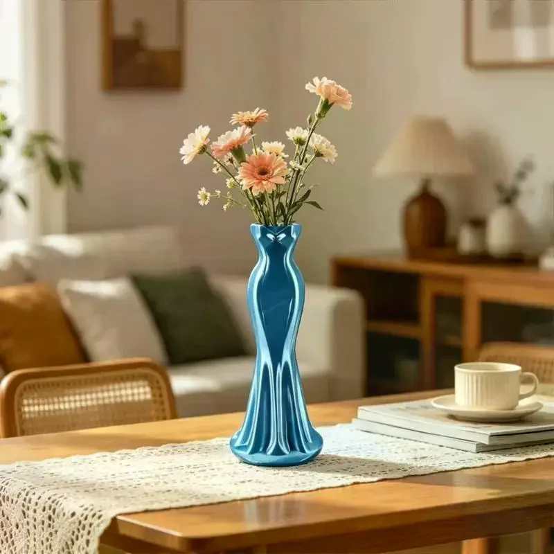 (3D Printed Female Body Dress Shaped Flower Vase Smooth Glossy Surface Multiple Colors For Living Room Bedroom Home Decor)