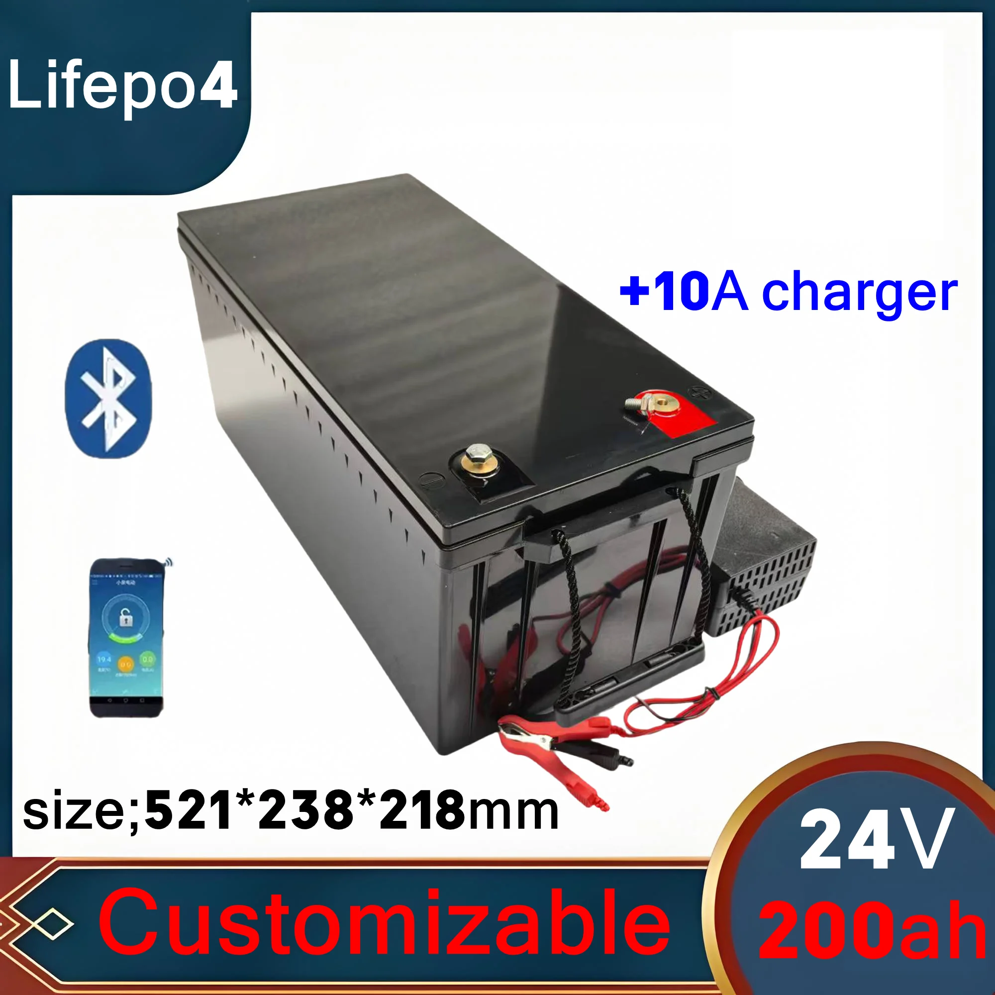 LT-24V 200AH lifepo4 lithium Battery with bluetooth BMS APP for 2000W Inverter Solar RV golf cart backup power + 10A Charger.