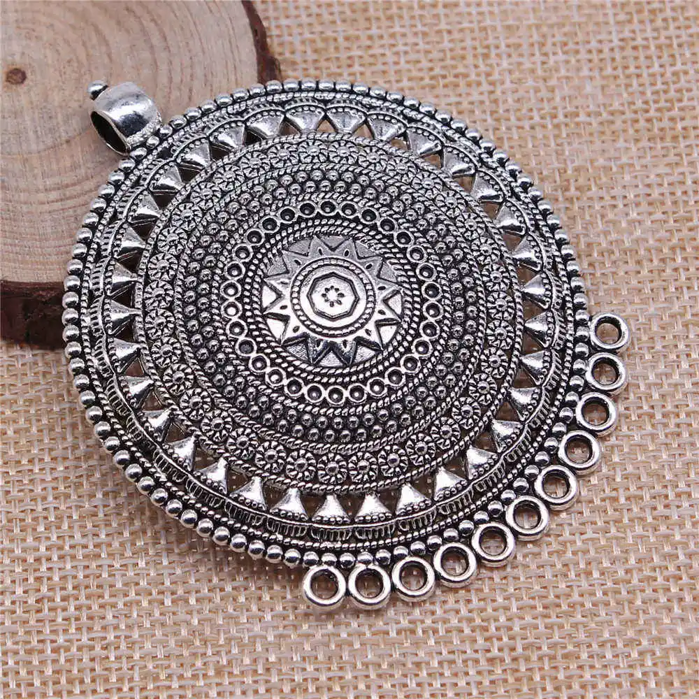 1pcs/lot 74x60mm Carved Round Necklace Connector Charms For Jewelry Making Antique Silver Color 2.91x2.36inch image 3