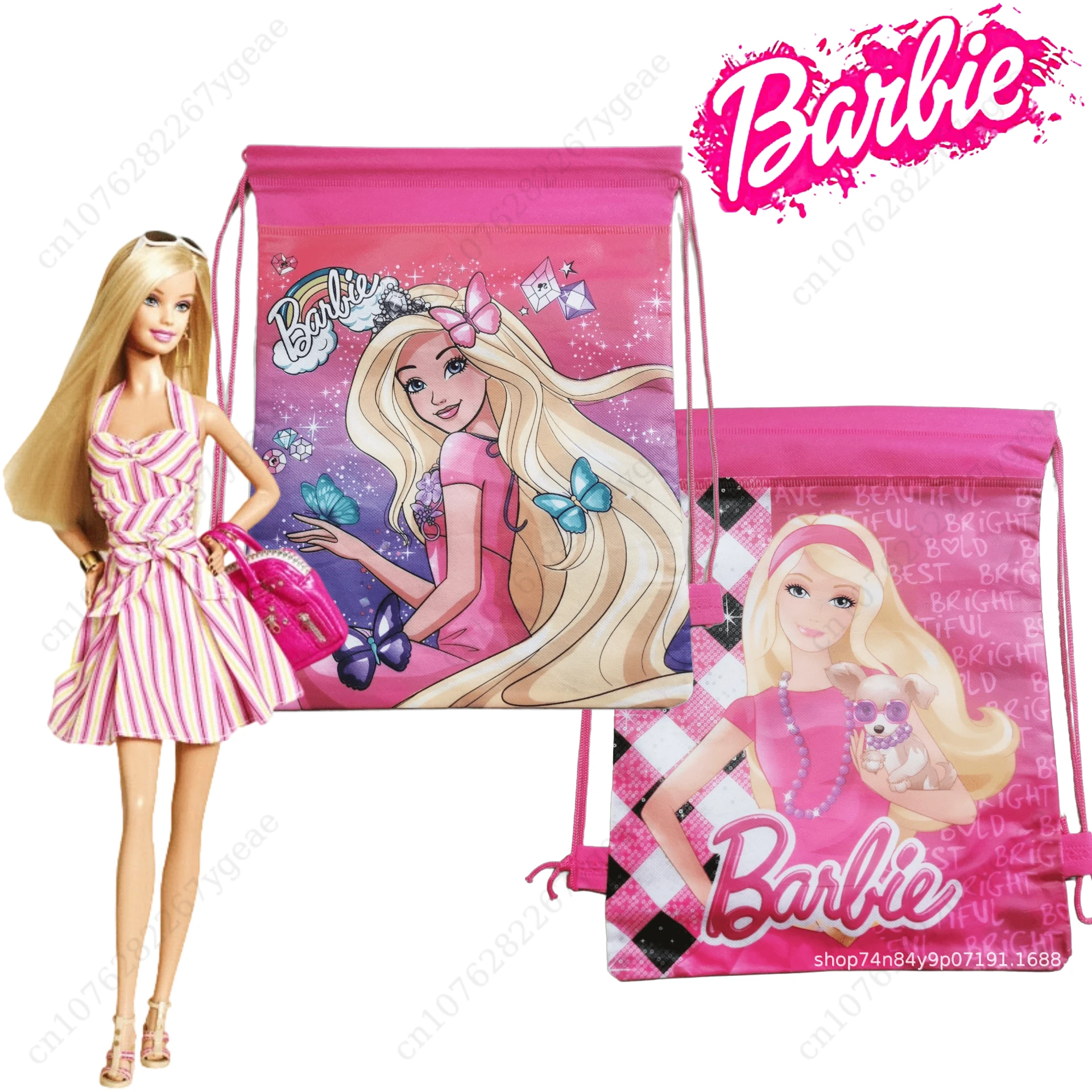 Kawaii Pink Barbie zaino tasca con coulisse Anime decorazioni per feste di compleanno borsa con coulisse forniture per Baby Shower regali