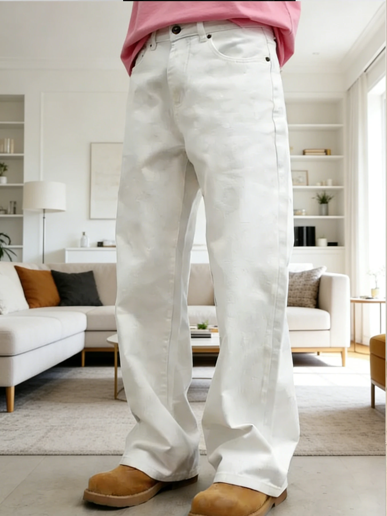 High-End Feeling Pure White Men's Jeans, Loose Wide-Leg Style That Flatters the Legs