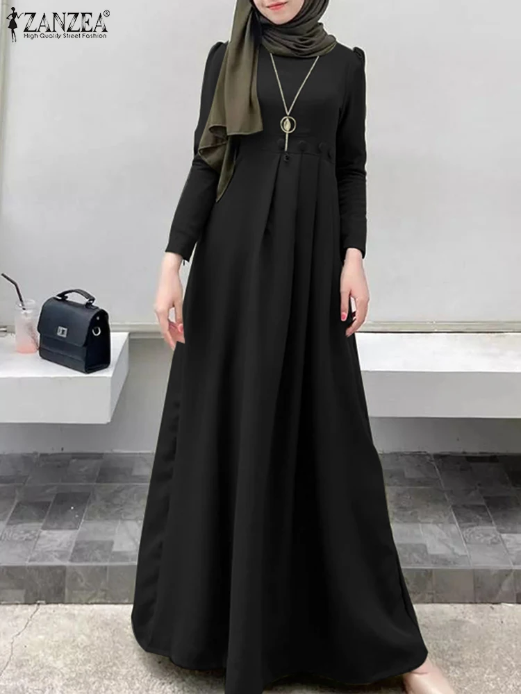 ZANZEA Women Muslim Long Dress Spring Full Sleeve O-Neck Solid Sundress Casual Loose Vestidos Elegant Robe Turkey Abaya Kaftan