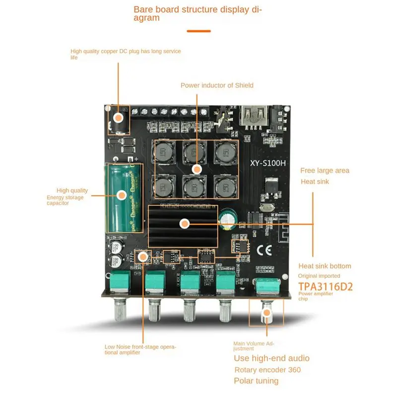 

Плата усилителя Bluetooth HFES XY-S100H 2.1-канальная TPA3116D2 50Wx2+100W, высокомощный сабвуфер, аудиомодуль BT5.0, DC5-26V