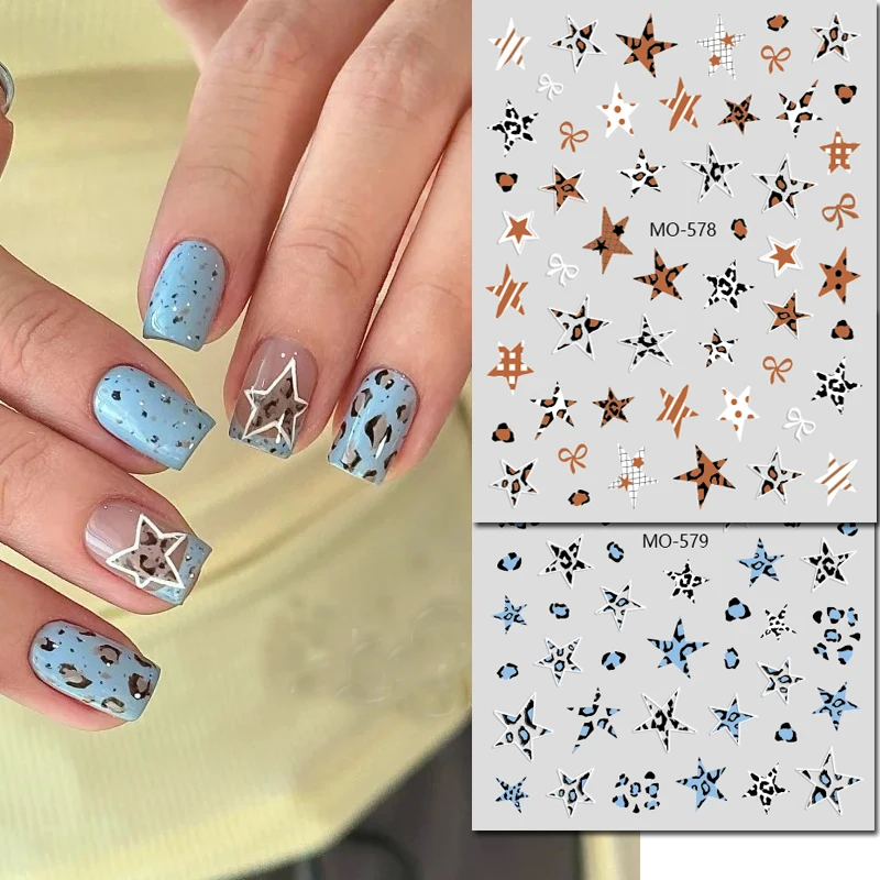 

5D Embossed Nail Art Decals Leopard Prints Irregular Stars Bowknots Cherry Nails Stickers Decorations For Manicure
