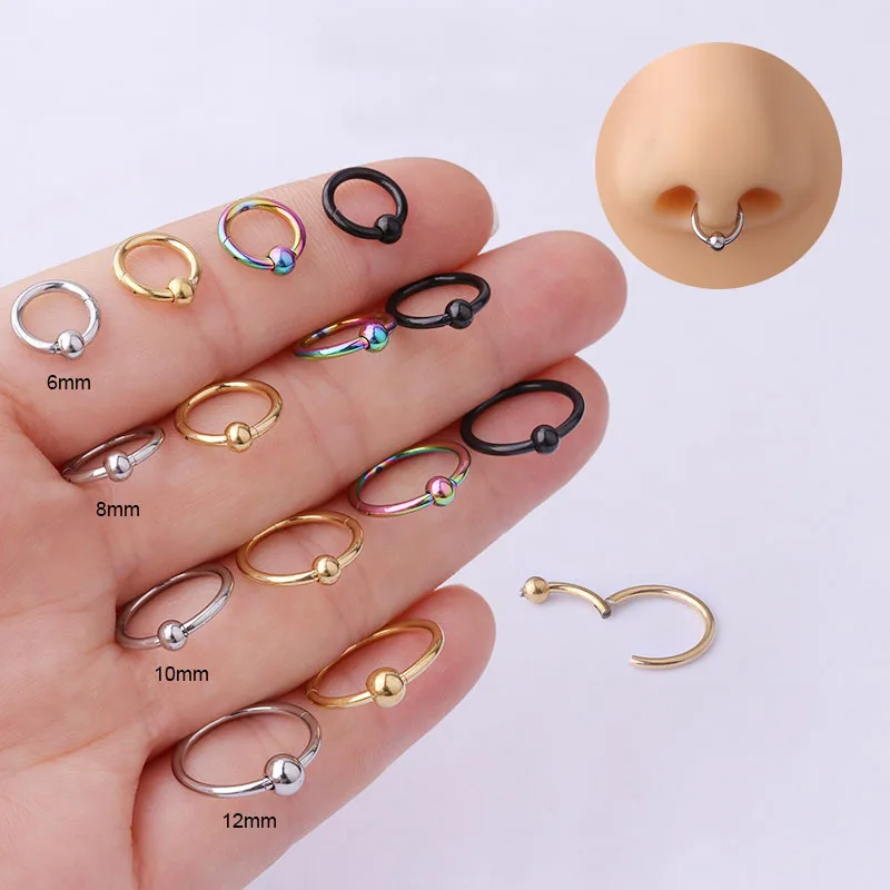 Anillos de acero inoxidable para tabique nasal de 1,2mm, Clips para el cuerpo, aro con bisagras de bola para mujeres y hombres, joyería para Piercing de cartílago, 1 ud.