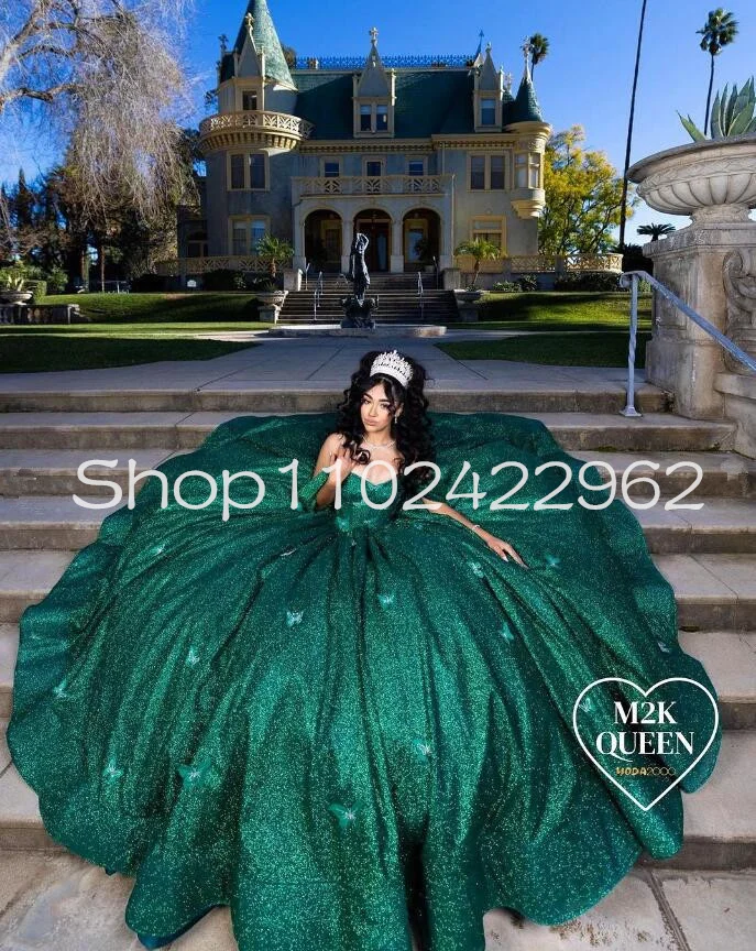 Smaragdgrün funkelnde Quince anera Kleider schulter frei Luxus Korsett ohne Knochen geschwollenen Rock Vestidos de 15 Quinceañera Verde Menta