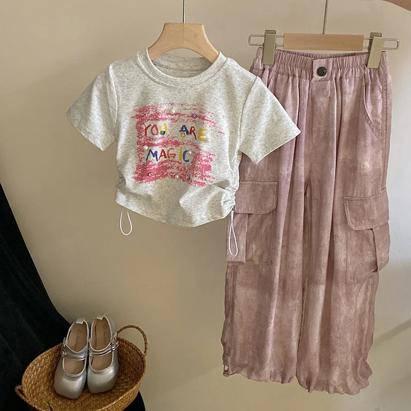 

Baby Kids Clothing Little Girl's Pearl Letter Short Sleeved Top 2024 Summer Wear Pants Two-piece Set