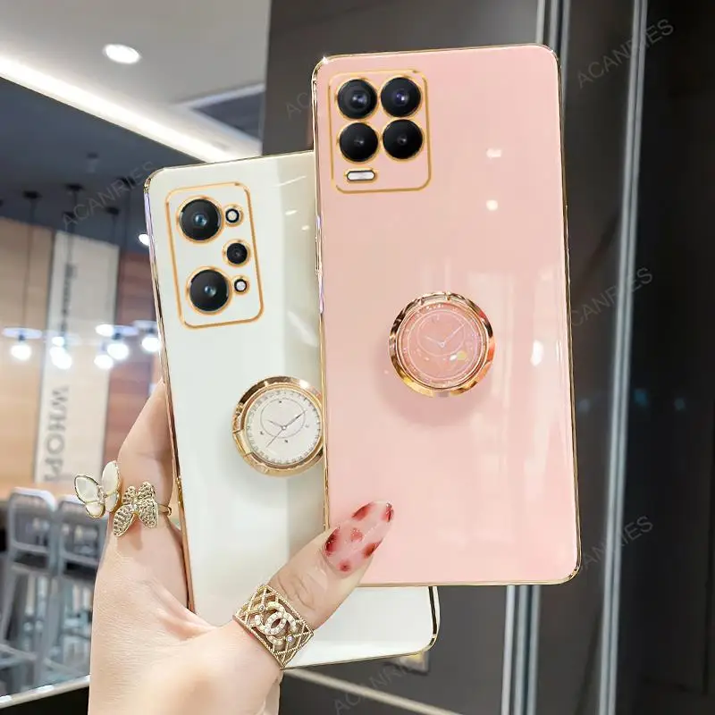 Luxury Fashion Plating Ring Holder Case For Oppo Realme 8 7 Pro 8i 4g Gt Neo 2 3t 5 Master Edition 5g Stand Silicone Back Cover