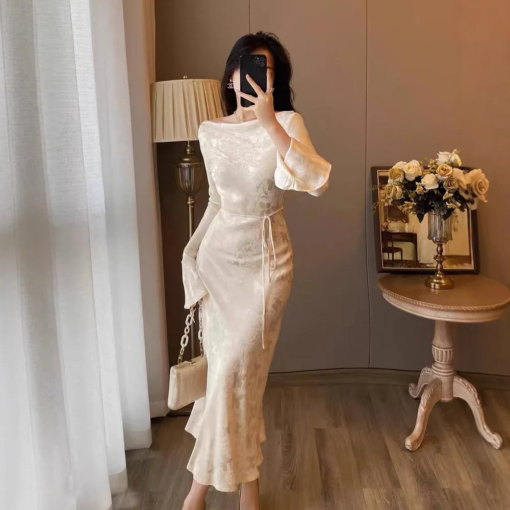 

Luxury Design Dress Scoop Neck Long Sleeve Party Evening Gown New Women Fitted Dress Birthday Wedding Dresses Robe White Dress