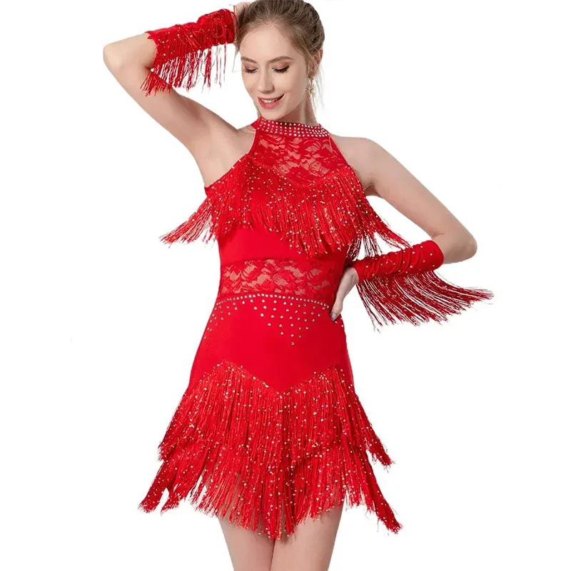 Dames Kanten Strass Latin Jurk Franje Rok Balzaal Salsa Samba Rumba Cha Cha Dancewear Feest Podium Kleding Pak En Armband