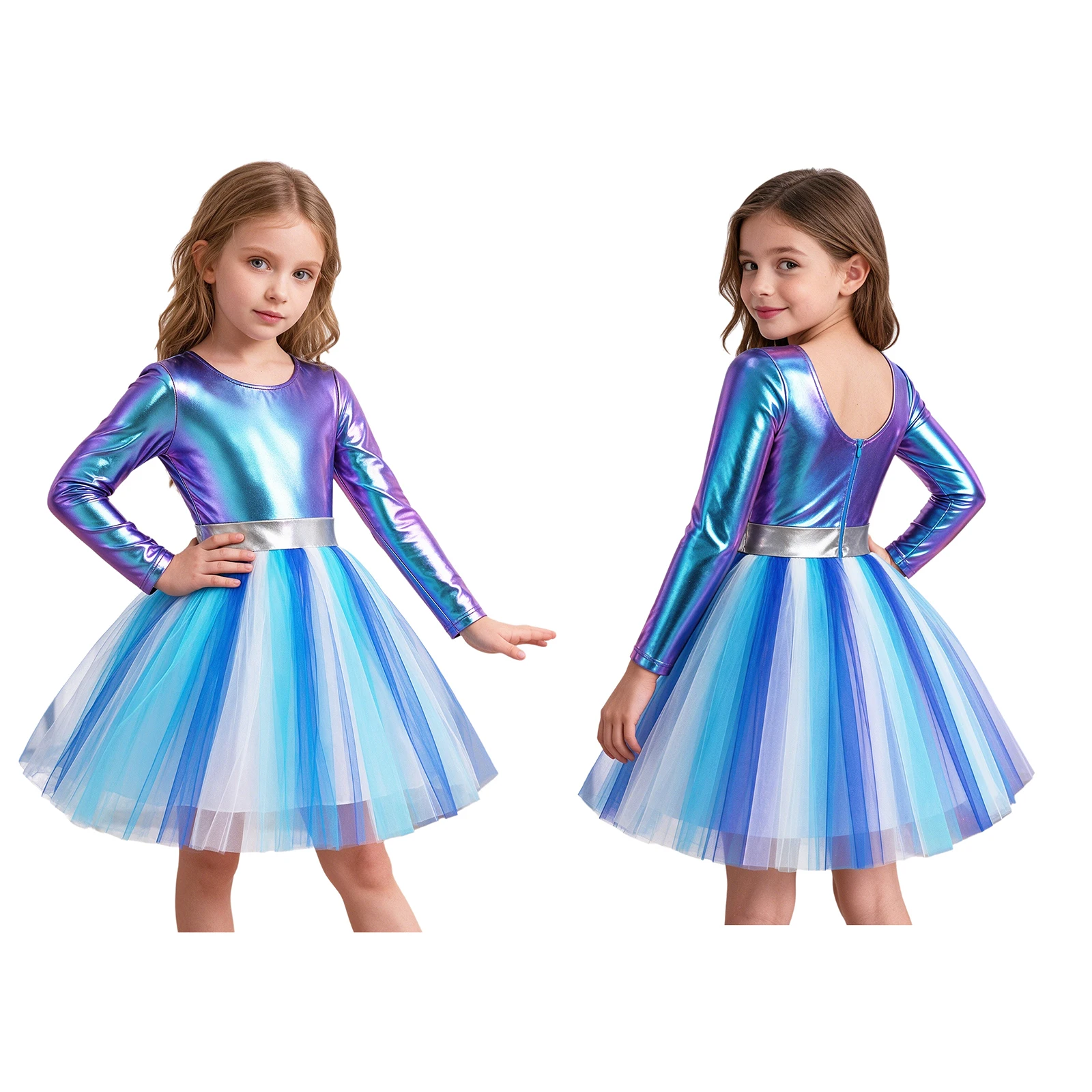 Kids Girls Alien Costume Long Sleeve Metallic Shiny Zipper Bodice Tulle Dress Halloween Theme Party Robot Space Cadet Clothes