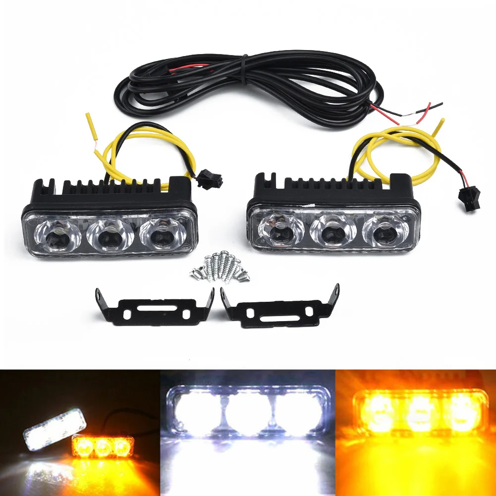 

2* LED Car DRL Daytime Running Lights High Power Super Xenon White / Amber 3-LED Turn Signal Front Fog Lamp Kits