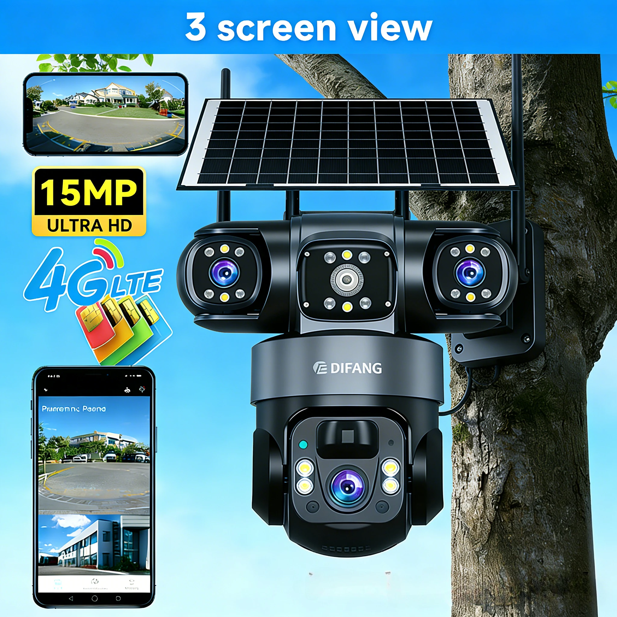 

V380 Pro Wireless Outdoor Wifi Solar CameraTriple Screen 12MP Solar CCTV Waterproof 4G Sim Card Solar Surveillance