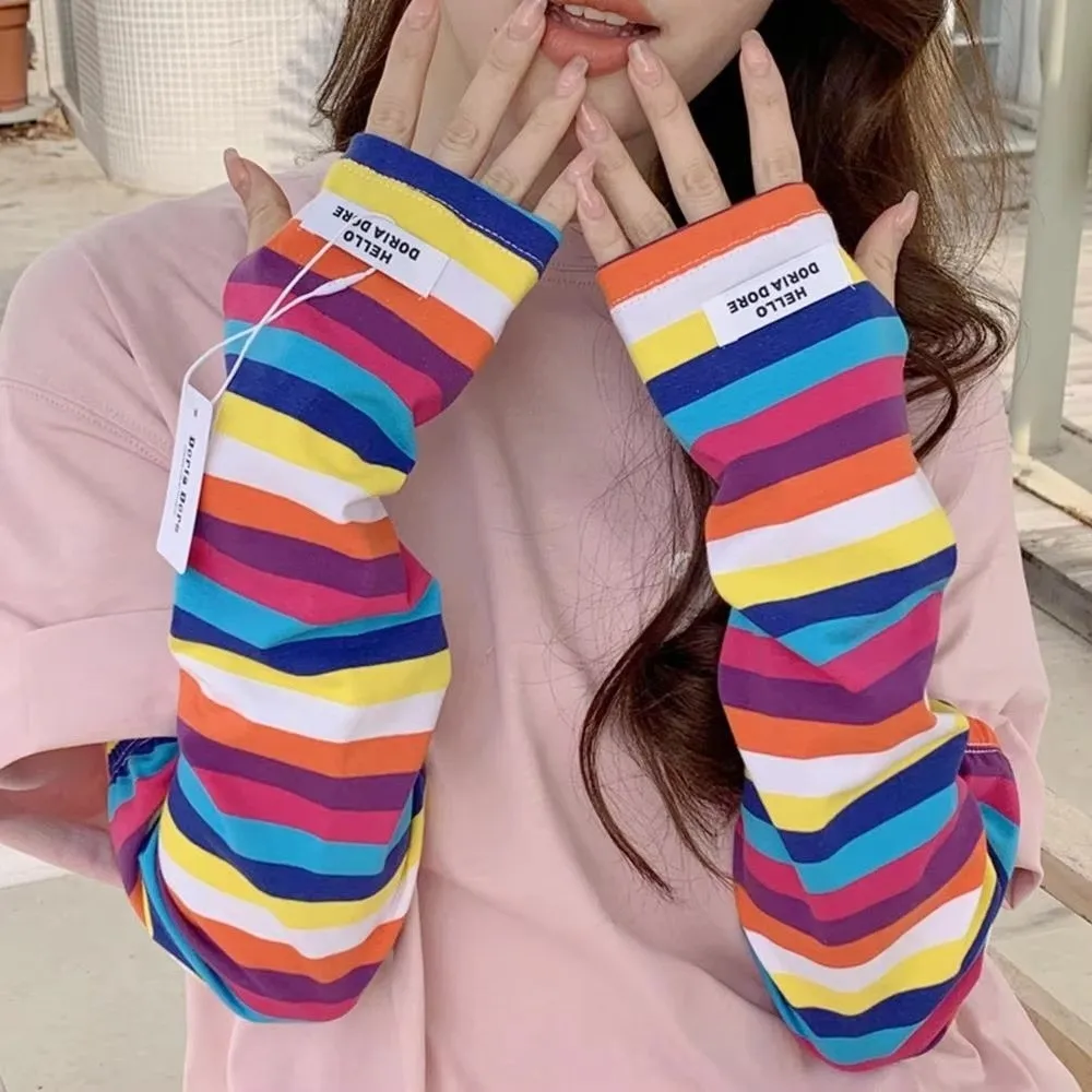 Y2k Color Strip Ice Arm Sleeve Loose Harajuku Stripe UV Protection Arm Gloves Anti-sunburn Long Sunblock Sleeve Outdoor Sports