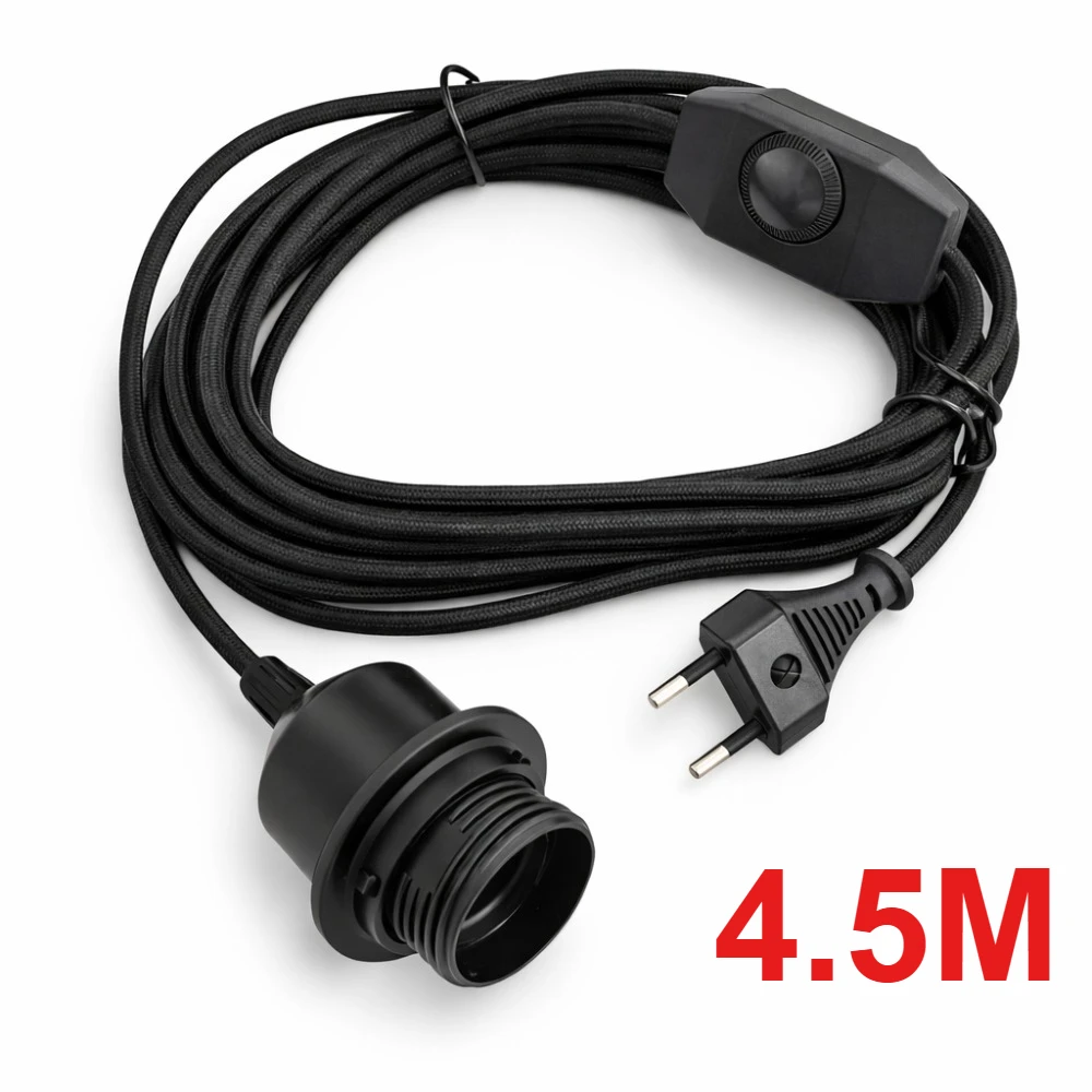 Plug-In Light Fitting with ON/OFF Dimmable Switch, E27 Socket, Black, 4.5m Pendant Light Cord Cable Screw Ring Switch EU/US Plug
