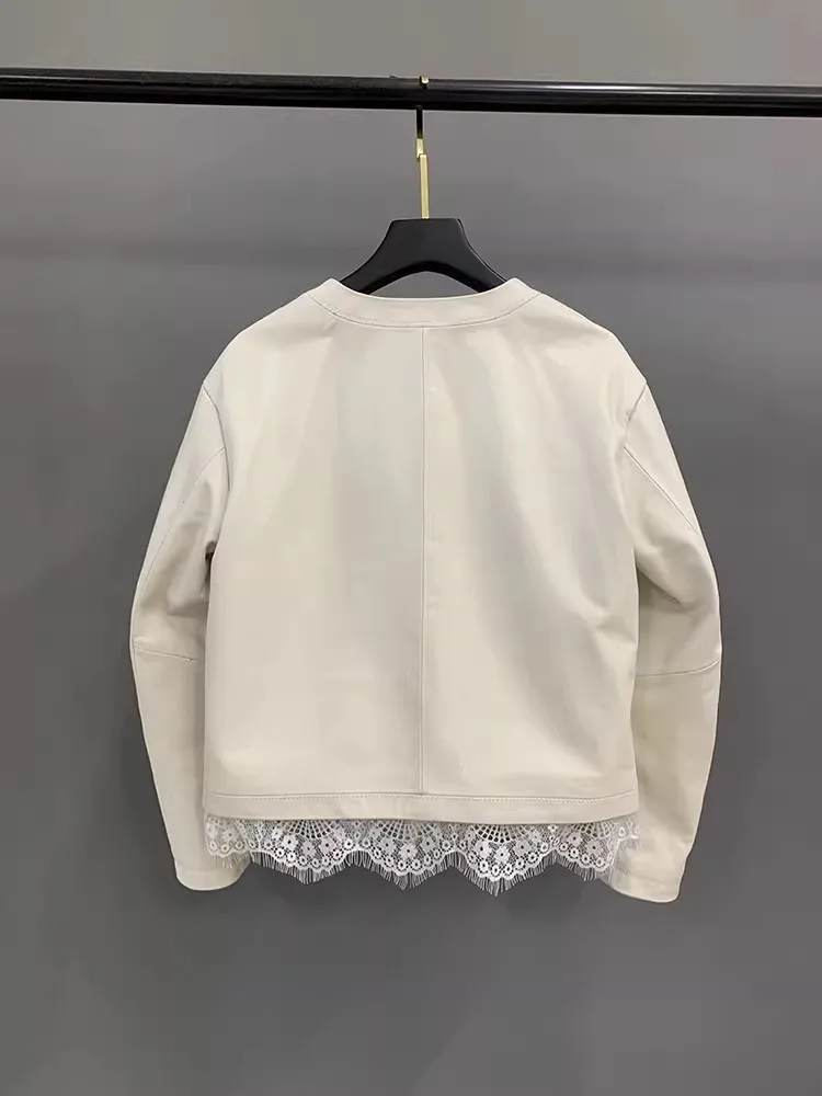 Herbst Frauen Echtes Leder Jacke Mode Taste Spitze Verstärktes Büro Damen Oberbekleidung Casual Langarm O Hals Kurzen Mantel