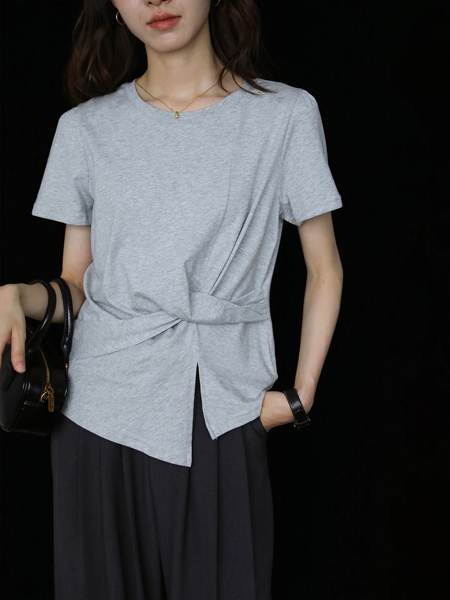 

Casual Commute Style Women's Short Sleeve T-Shirt Loose Fit round Neck Summer Slimming 3D Cutting Grey Design Top