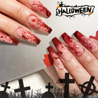 

Halloween 24pcs Press-on nails Long ladder Red Stain Design Dizzy with Blood Drops Nude Pink French Fake Nails Press ons Nails