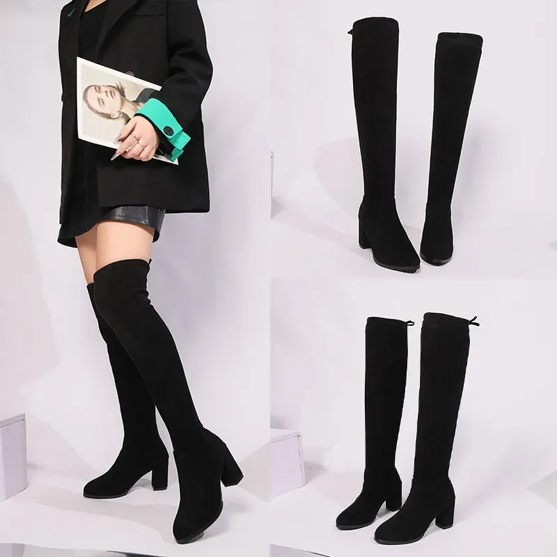 Ladies Shoes on Sale 2024 Fashion Sleeve Women's Boots Winter Pointed Toe Suede Solid High Tube Chunky Heels Large Size Boots