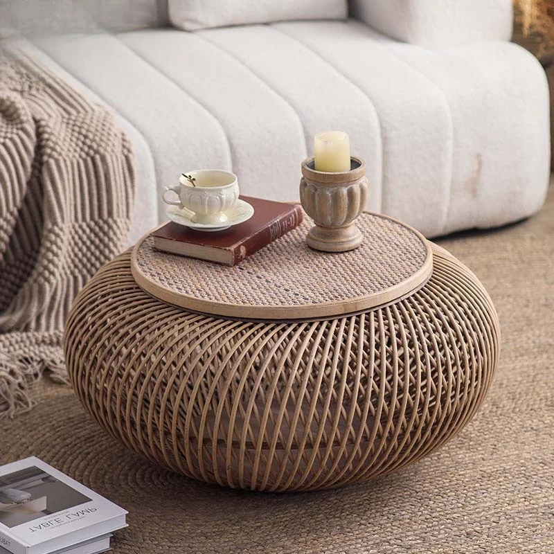 Japanese hand-woven edge few log-colored bay window round tea table small apartment living room storage function rattan coffee
