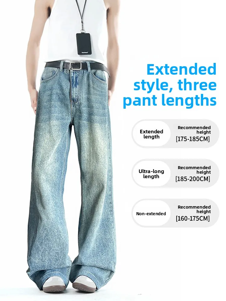 Comprimento estendido solto ajuste verão fino denim jeans para homens altos perna larga calças casuais americano retro azul em linha reta jeans soltos