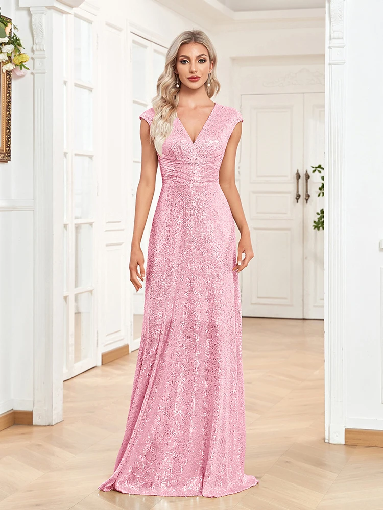 

Lucyinlove Elegant V-neck Mermaid Sequin Evening Dresses Long 2024 luxury Pink Wedding Party Prom Bridesmaid Cocktail Dress Gown