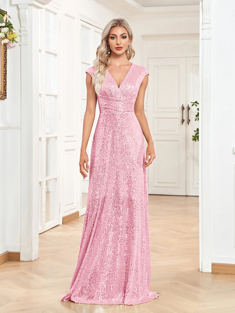 Lucyinlove Elegant V-neck Mermaid Sequin Evening Dresses Long 2024 luxury Pink Wedding Party Prom Bridesmaid Cocktail Dress Gown