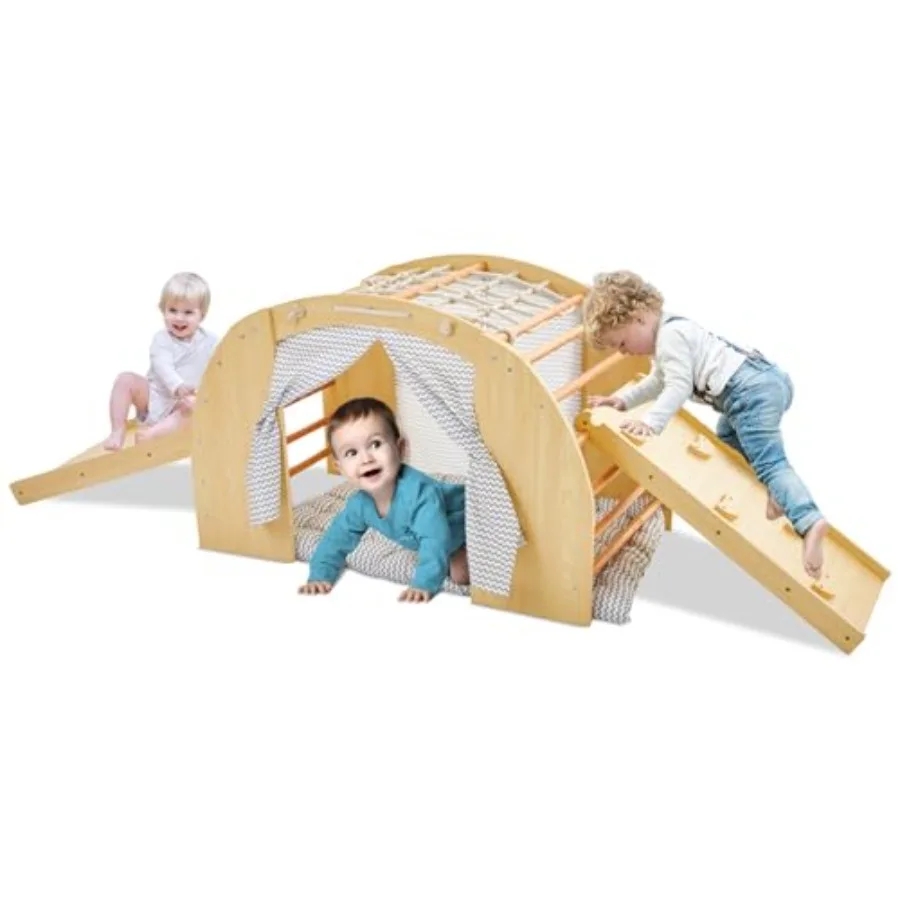 Giocattoli da arrampicata per bambini 1 scalatore ad arco con 2 rampe per scorrere o arrampicata, casa da palestra per giochi in legno per interni con cuscino per tenda e fare