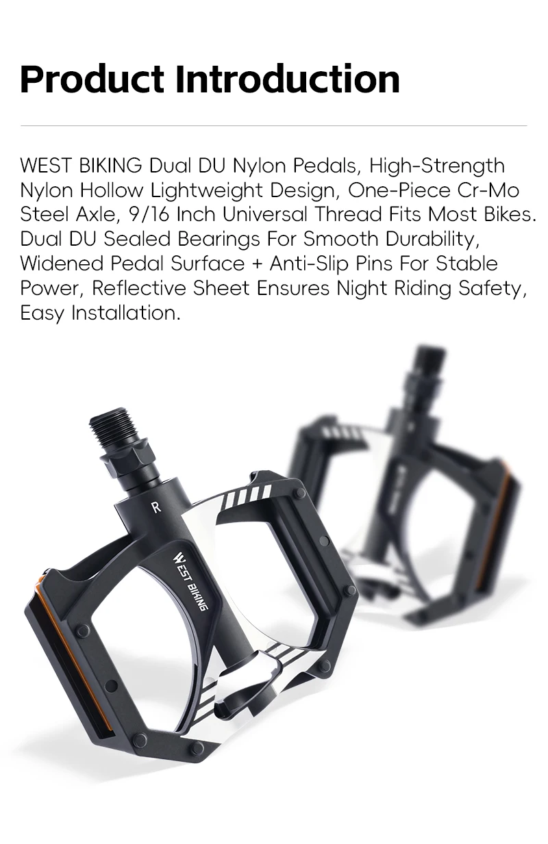 WEST BIKING Flache Fahrradpedale mit doppelten DU-Dichtungslagern, Nylon, ultraleicht, rutschfest, reflektierend, für MTB und Rennräder – Detail 2