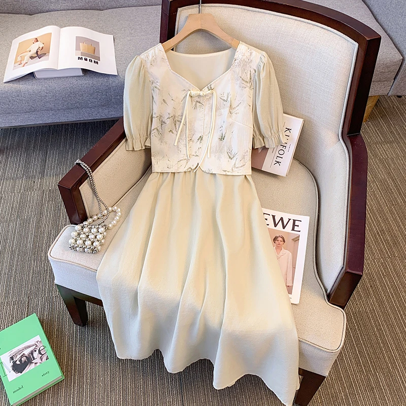 

Women Dresses Summer Female Square Collar Short Sleeve Large Size Elegant A Line Casual Fake Two Pieces Printed Apricot Vestidos