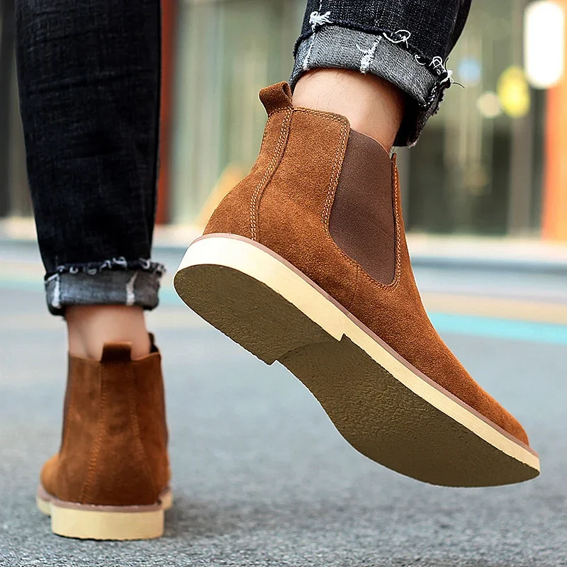 shoes man winter New Fashion Casual Men Ankle Chelsea Boots Male Shoes Cow Suede Leather Slip Ons plush warm Man snow Boots