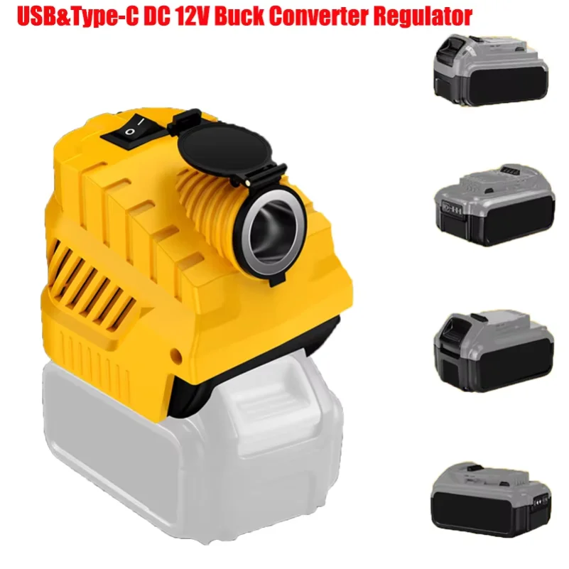 For Makita/DeWalt/Milwaukee/Bosch 18/20V Batteries with USB&Type-C Ports DC 12V Step-Down Regulated Converter for DIY Projects