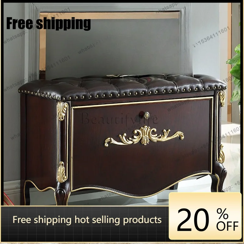 Light luxury solid wood American shoe change stool leather tipping bucket shoe change, tipping bucket locker