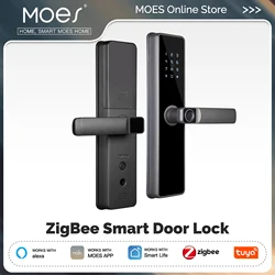 MOES Tuya ZigBee Smart Door Lock Indoor Password Fingerprint Remote Unlock Keycard Tamper Alarm Battery Powered Work With Alexa