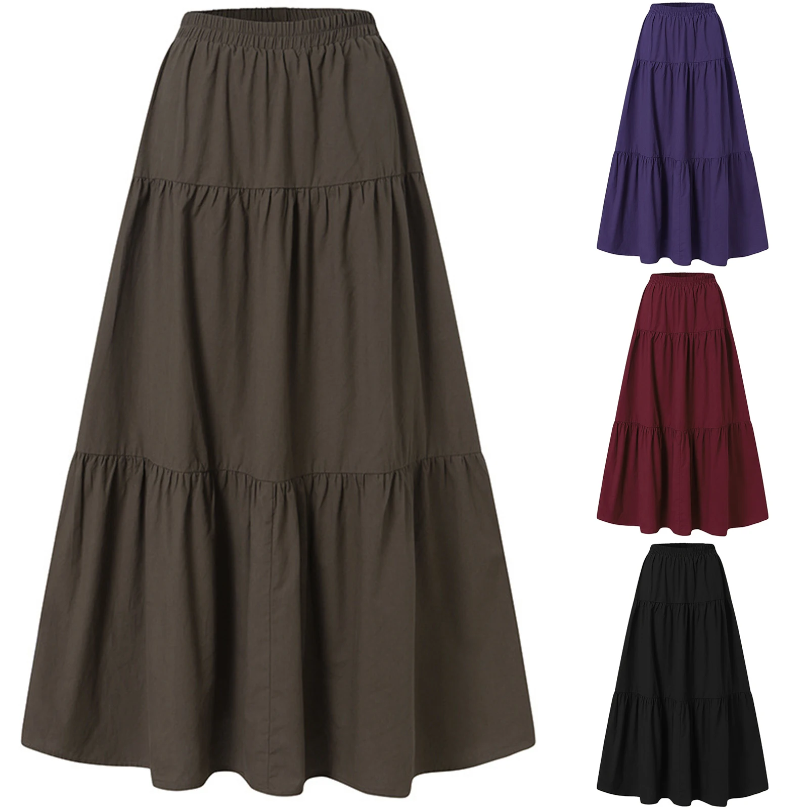 Women's Clothing Casual Elegant Long Skirts Solid Color Pleated Big Hem Elastic Waist Loose Fit Skirts Simple Style Bottoms