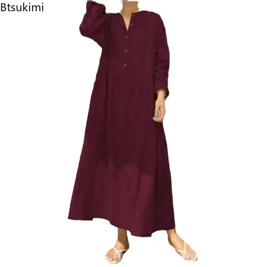 Women\'s Cotton Linen Dress Soft Comfy Maxi Dress Fashion V-neck Casual Solid Robe Women Summer Breathable Beach Holiday Vestidos